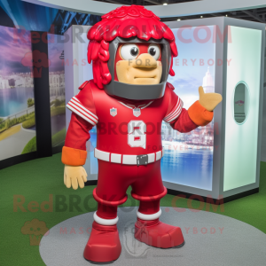 Red American Football Helmet mascot costume character dressed with a Bermuda Shorts and Earrings