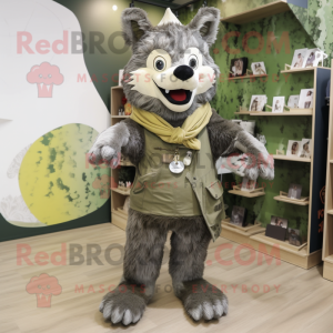 Olive Wolf mascot costume character dressed with a Dungarees and Shawls