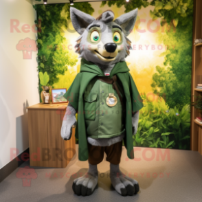 Olive Wolf mascot costume character dressed with a Dungarees and Shawls