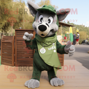 Olive Wolf mascot costume character dressed with a Dungarees and Shawls