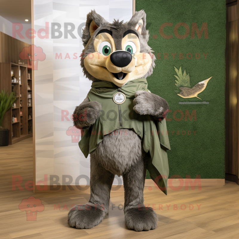 Olive Wolf mascot costume character dressed with a Dungarees and Shawls