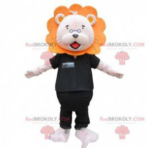 Mascote leão branco e laranja com uma roupa preta -