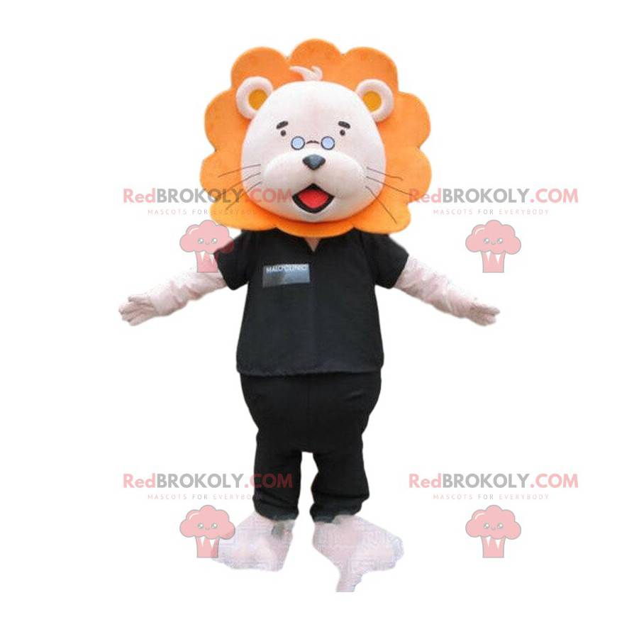 Mascote leão branco e laranja com uma roupa preta -