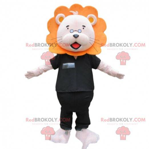 Mascote leão branco e laranja com uma roupa preta -