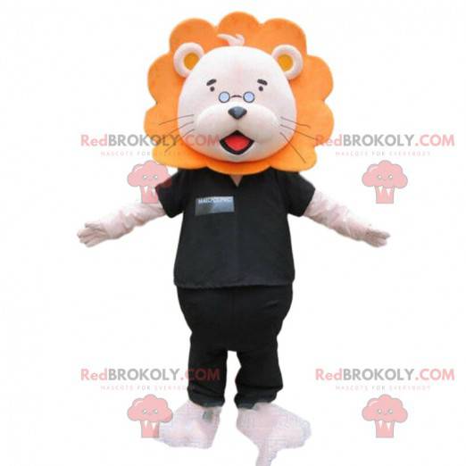 Mascotte de lion blanc et orange avec une tenue noire -