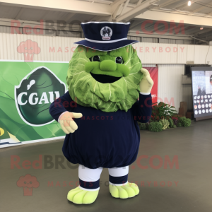 Navy Cabbage mascot costume character dressed with a T-Shirt and Shoe clips