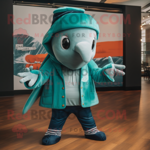 Teal Humpback Whale mascot costume character dressed with a Swimwear and Hat pins