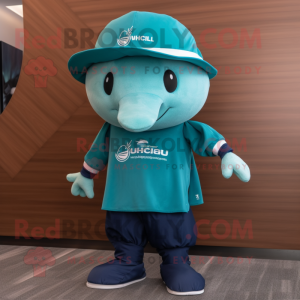 Teal Humpback Whale mascot costume character dressed with a Swimwear and Hat pins