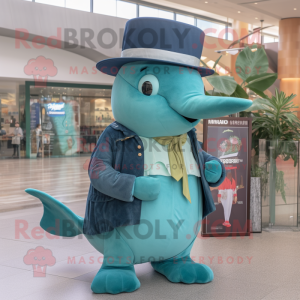 Teal Humpback Whale mascot costume character dressed with a Swimwear and Hat pins