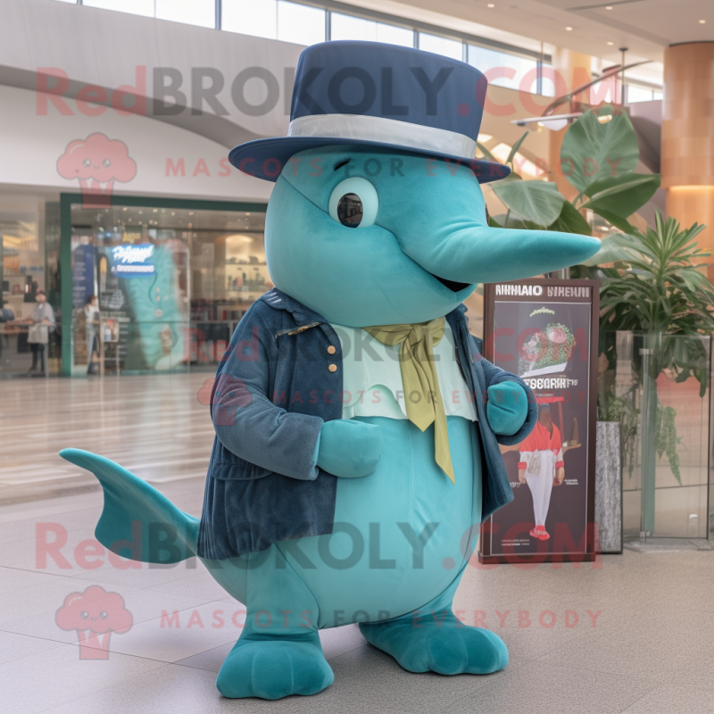 Teal Humpback Whale mascot costume character dressed with a Swimwear and Hat pins Teal Humpback Whale mascot costume character dressed with a Swimwear and Hat pins