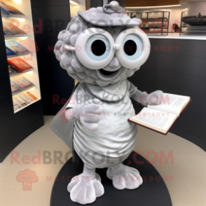 Silver Oyster mascot costume character dressed with a V-Neck Tee and Reading glasses