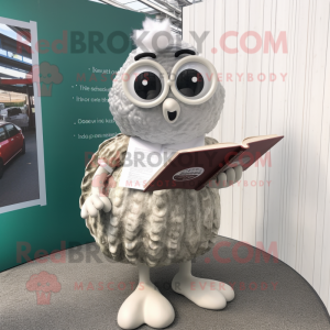 Silver Oyster mascot costume character dressed with a V-Neck Tee and Reading glasses