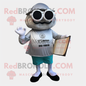 Silver Oyster mascot costume character dressed with a V-Neck Tee and Reading glasses