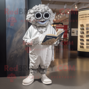 Silver Oyster mascot costume character dressed with a V-Neck Tee and Reading glasses