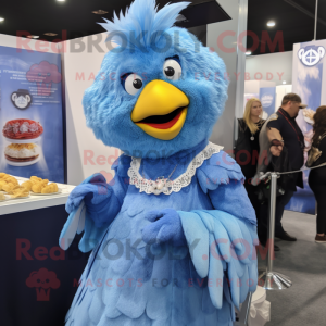 Blue Fried Chicken mascot costume character dressed with a Shift Dress and Earrings