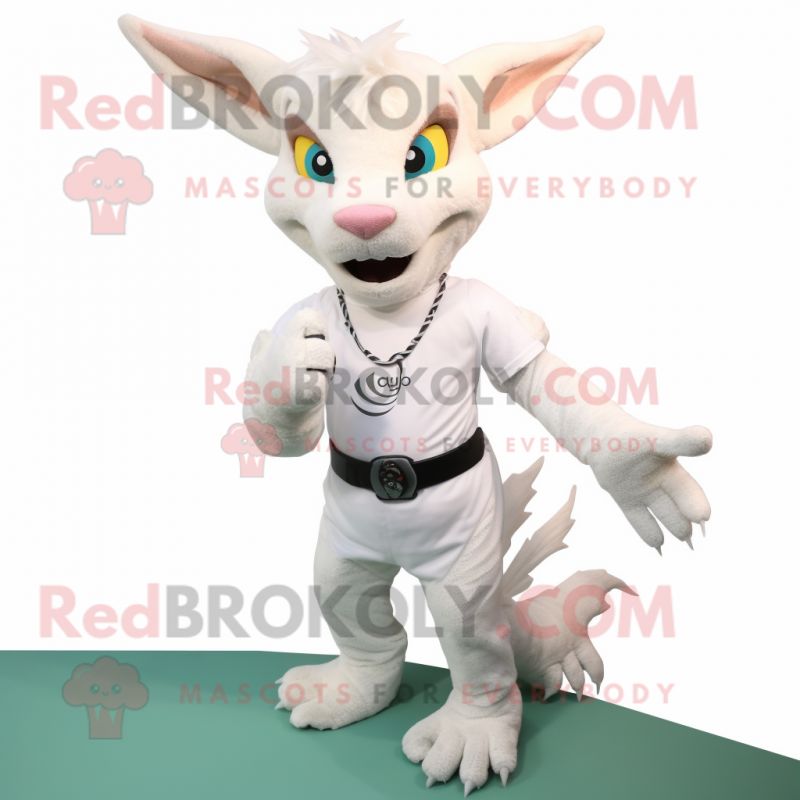 White Chupacabra mascot costume character dressed with a Chinos and Anklets