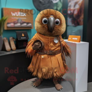 Rust Kiwi mascot costume character dressed with a Wrap Skirt and Lapel pins