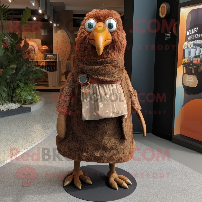 Rust Kiwi mascot costume character dressed with a Wrap Skirt and Lapel pins