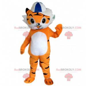 Mascote pequeno tigre laranja e branco, fantasia de felino