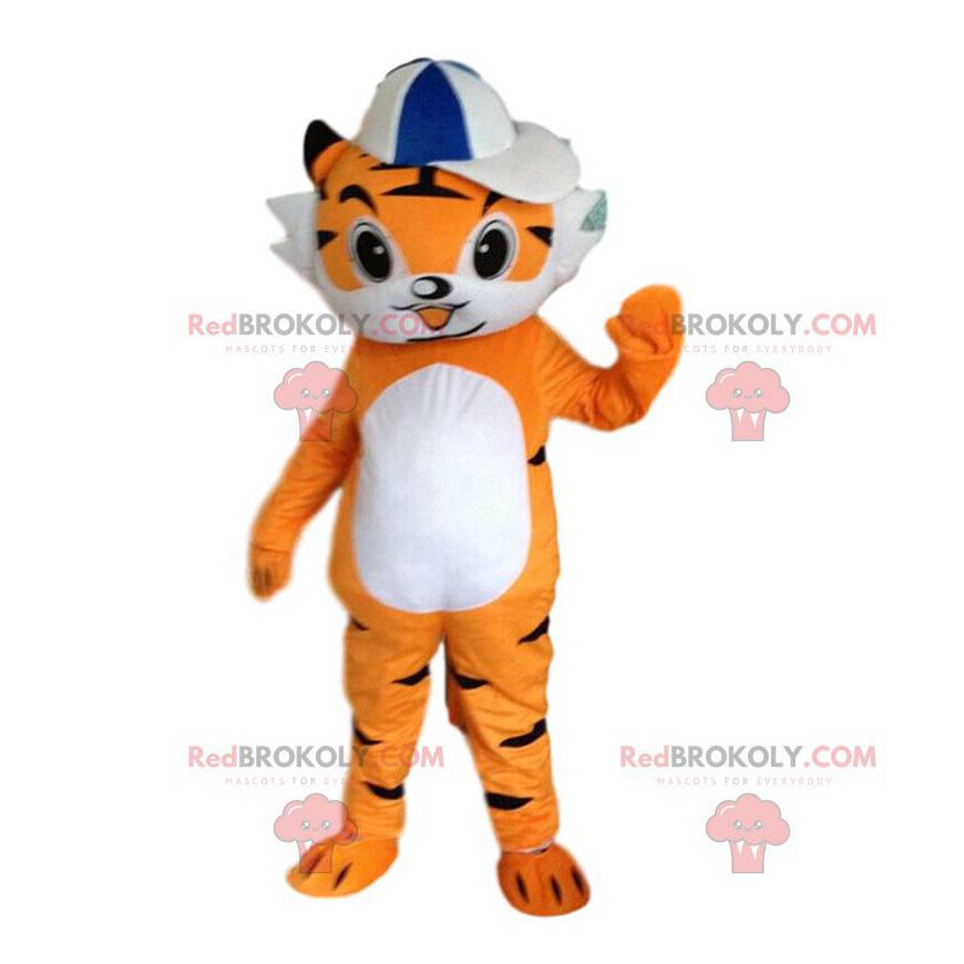 Mascote pequeno tigre laranja e branco, fantasia de felino