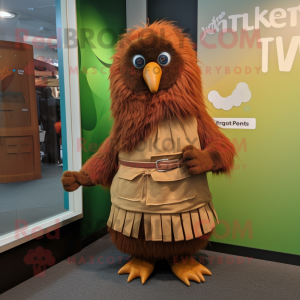 Rust Kiwi mascot costume character dressed with a Wrap Skirt and Lapel pins