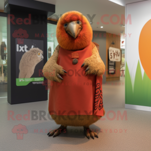 Rust Kiwi mascot costume character dressed with a Wrap Skirt and Lapel pins