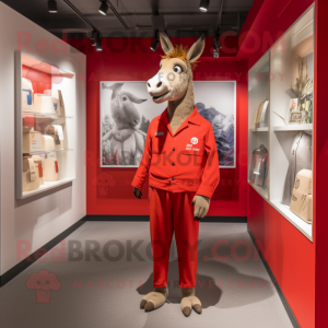 Red Donkey mascot costume character dressed with a Chinos and Lapel pins