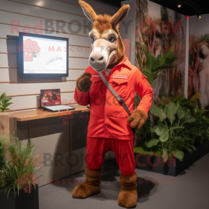 Red Donkey mascot costume character dressed with a Chinos and Lapel pins
