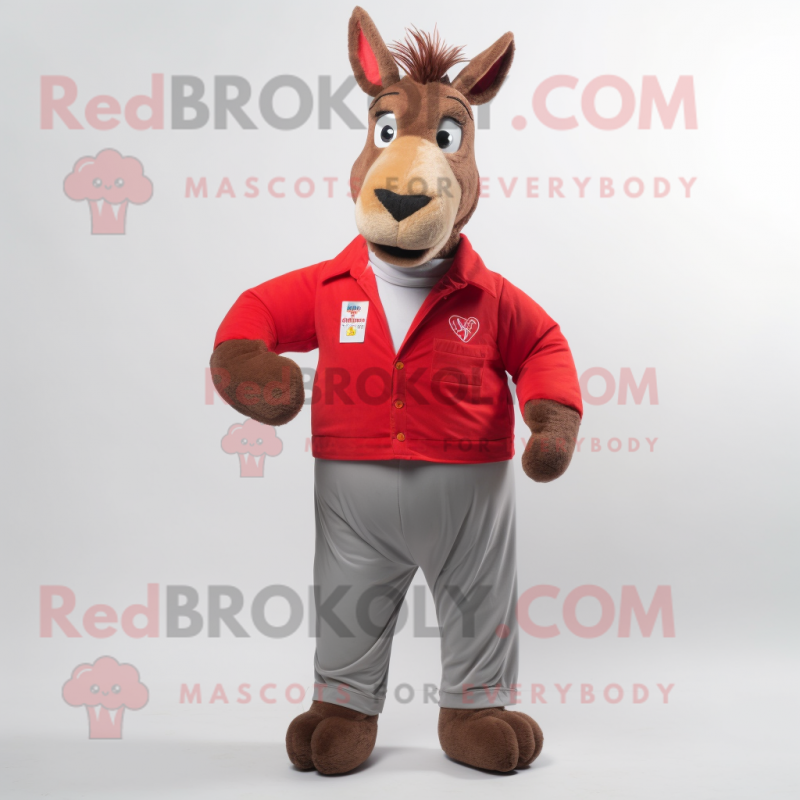 Red Donkey mascot costume character dressed with a Chinos and Lapel pins