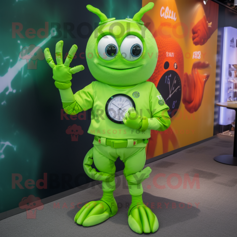 Lime Green Crab Cakes mascot costume character dressed with a Playsuit and Digital watches