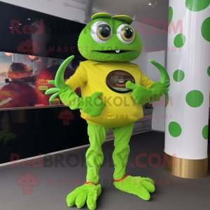 Lime Green Crab Cakes mascot costume character dressed with a Playsuit and Digital watches