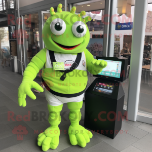 Lime Green Crab Cakes mascot costume character dressed with a Playsuit and Digital watches