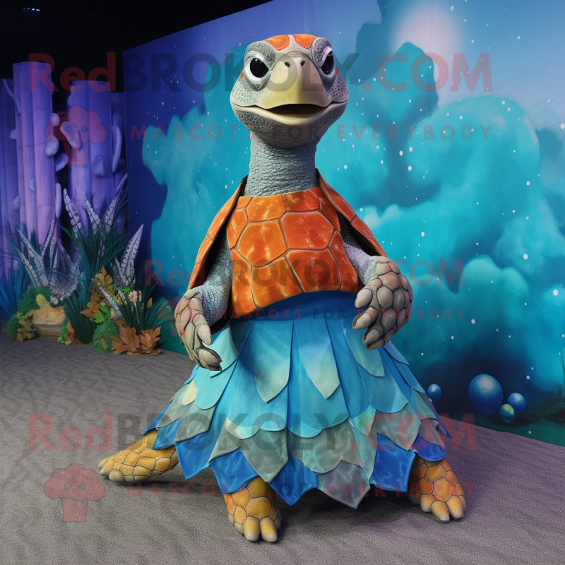 Rust Sea Turtle mascot costume character dressed with a Evening Gown and Anklets Rust Sea Turtle mascot costume character dressed with a Evening Gown and Anklets