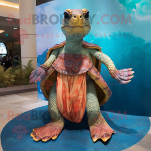 Rust Sea Turtle mascot costume character dressed with a Evening Gown and Anklets