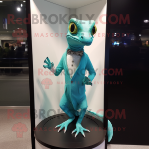 Cyan Geckos mascot costume character dressed with a Evening Gown and Tie pins