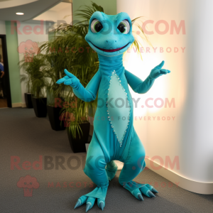 Cyan Geckos mascot costume character dressed with a Evening Gown and Tie pins