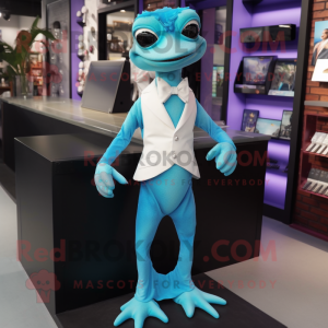 Cyan Geckos mascot costume character dressed with a Evening Gown and Tie pins