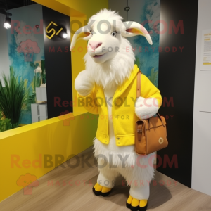 Lemon Yellow Angora Goat mascot costume character dressed with a Cardigan and Messenger bags