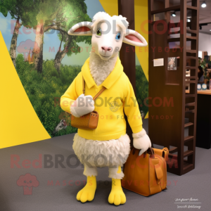 Lemon Yellow Angora Goat mascot costume character dressed with a Cardigan and Messenger bags