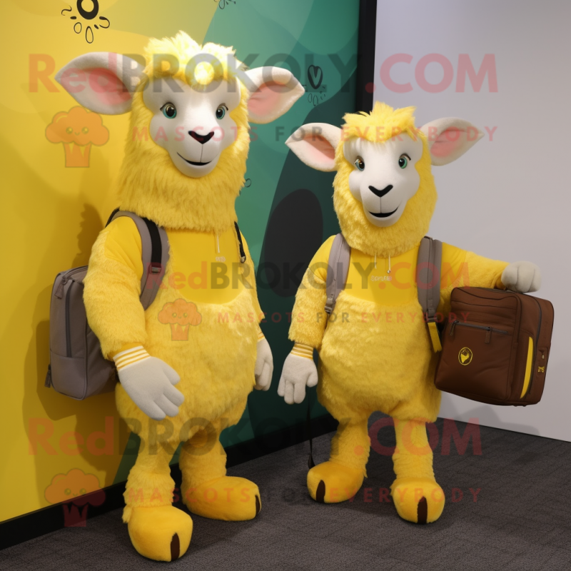 Lemon Yellow Angora Goat mascot costume character dressed with a Cardigan and Messenger bags Lemon Yellow Angora Goat mascot costume character dressed with a Cardigan and Messenger bags