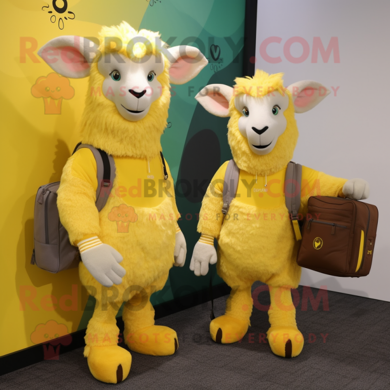 Lemon Yellow Angora Goat mascot costume character dressed with a Cardigan and Messenger bags