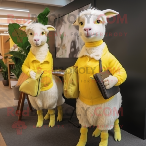 Lemon Yellow Angora Goat mascot costume character dressed with a Cardigan and Messenger bags