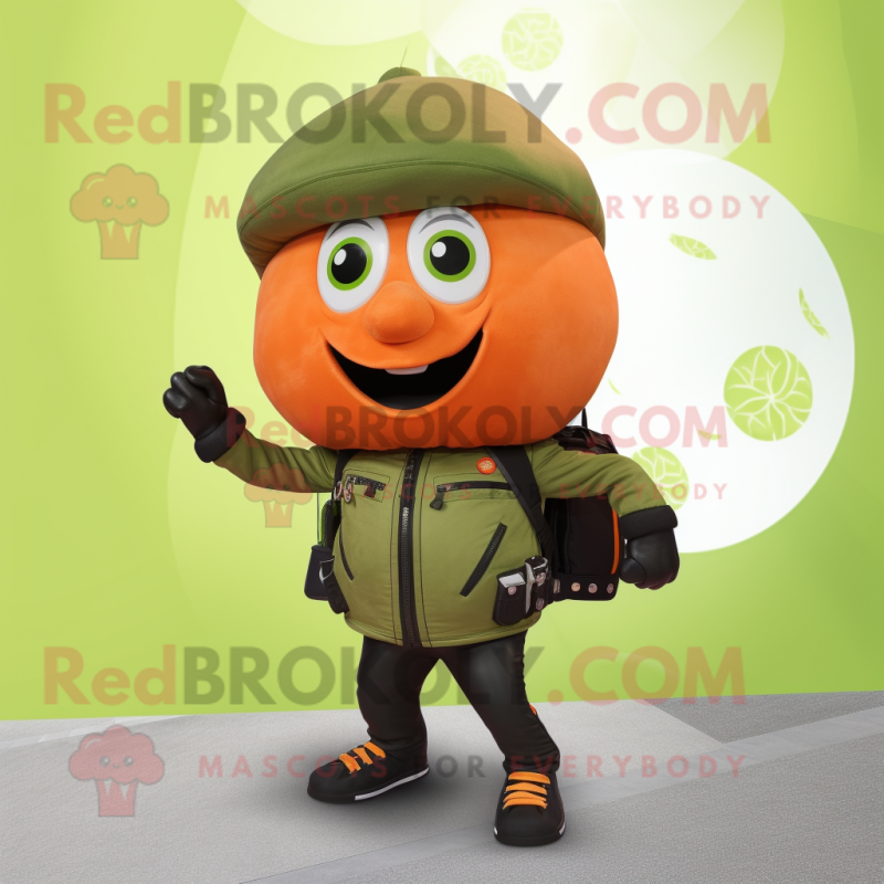 Olive Grapefruit mascot costume character dressed with a Biker Jacket and Backpacks