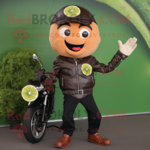 Olive Grapefruit mascot costume character dressed with a Biker Jacket and Backpacks