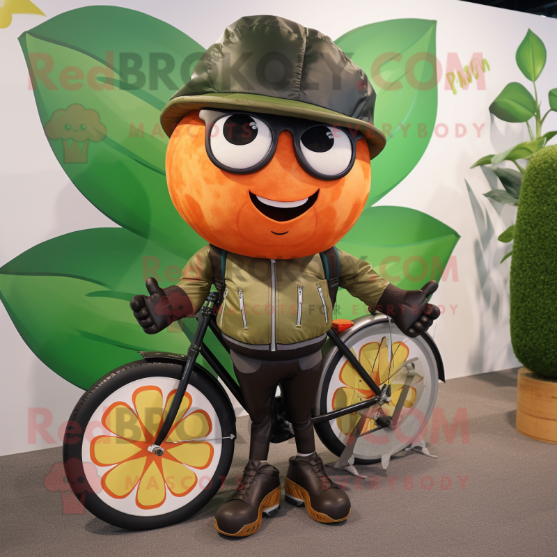 Olive Grapefruit mascot costume character dressed with a Biker Jacket and Backpacks Olive Grapefruit mascot costume character dressed with a Biker Jacket and Backpacks