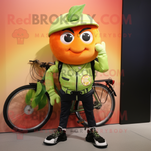 Olive Grapefruit mascot costume character dressed with a Biker Jacket and Backpacks