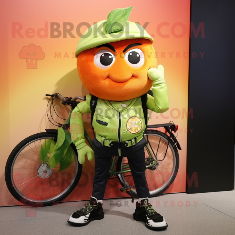 Olive Grapefruit mascot costume character dressed with a Biker Jacket and Backpacks Olive Grapefruit mascot costume character dressed with a Biker Jacket and Backpacks