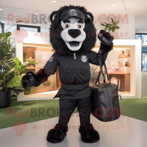 Black Tamer Lion mascot costume character dressed with a Bermuda Shorts and Messenger bags