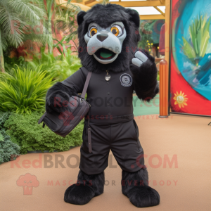 Black Tamer Lion mascot costume character dressed with a Bermuda Shorts and Messenger bags