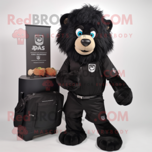 Black Tamer Lion mascot costume character dressed with a Bermuda Shorts and Messenger bags